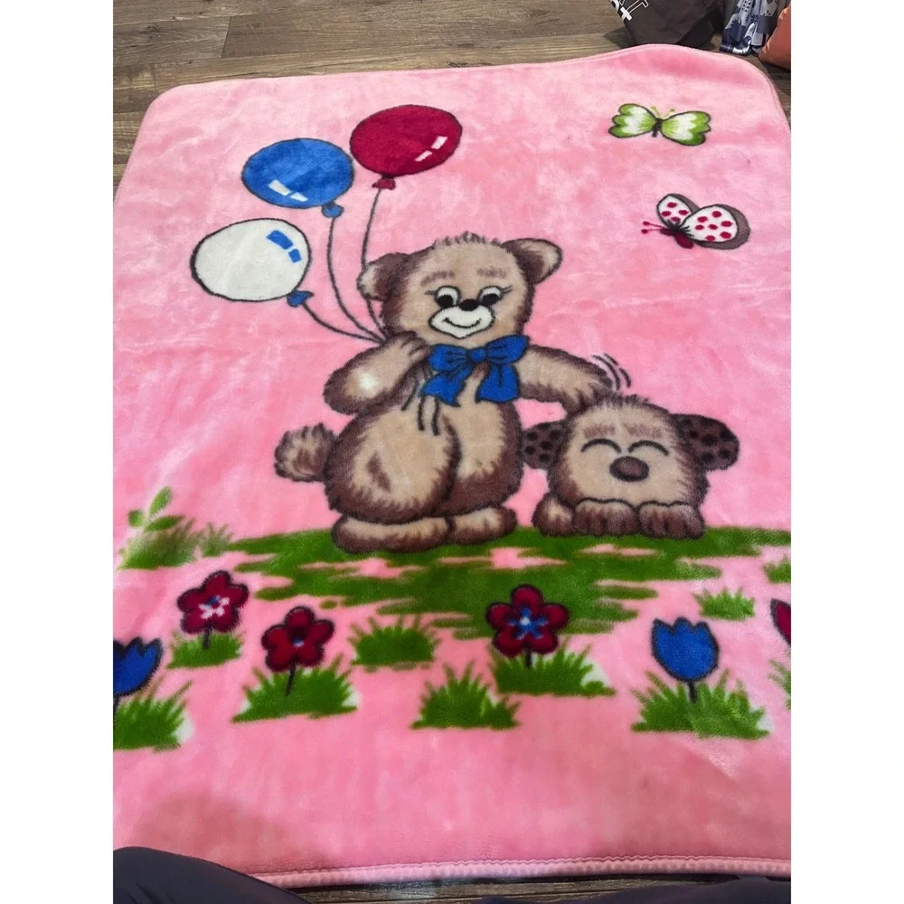 Vintage Pink Plush Mink Baby Blanket Teddy Bear Puppy Balloons Flowers 41x49